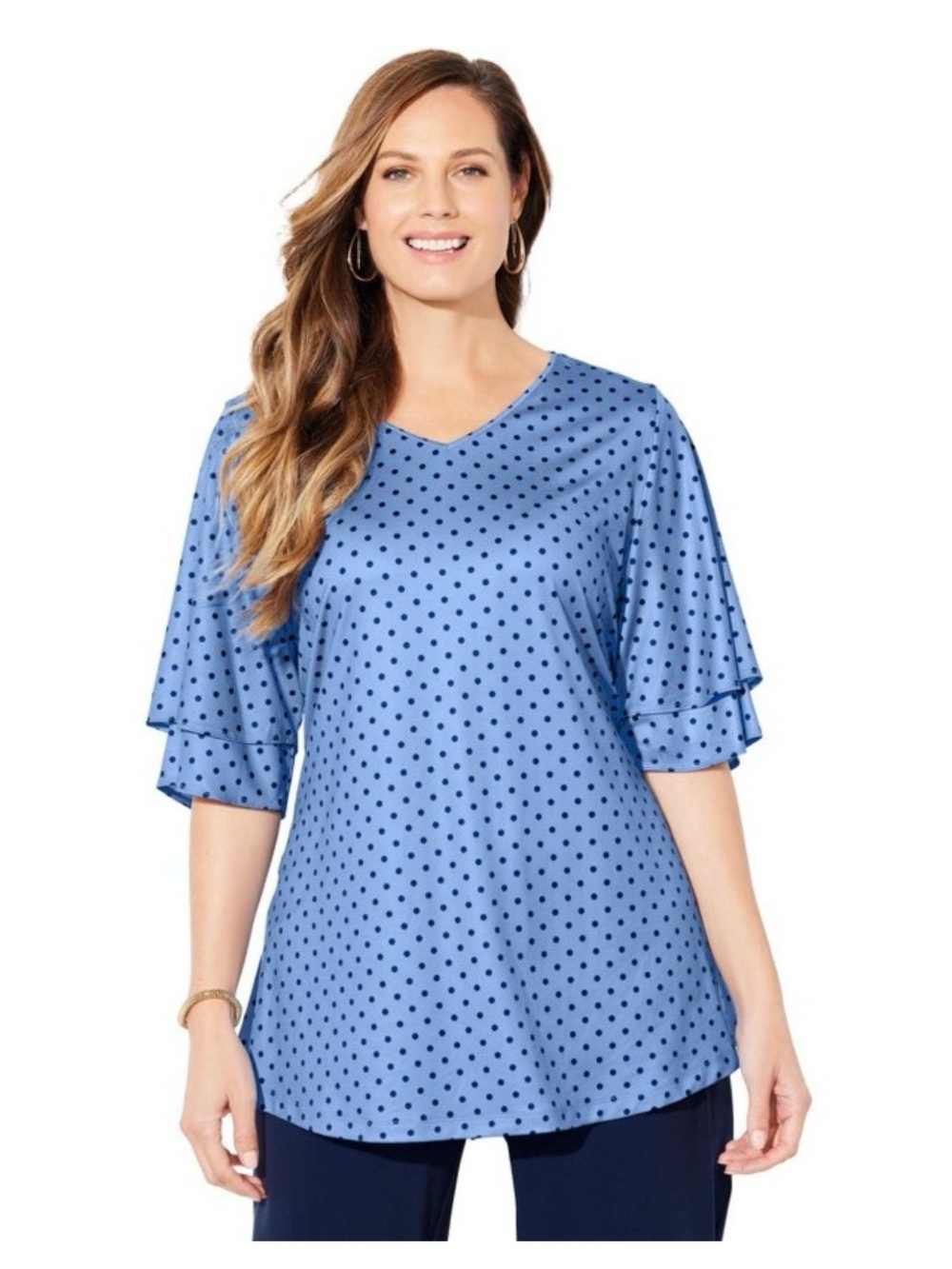 Catherine's Shirt Blue With Black Polka Dots Flutter Sleeve Swing Plus Size 1X